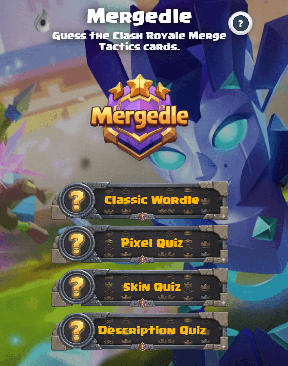 Mergedle home screen with Merge Tactics daily puzzle modes: Classic Wordle, Pixel Quiz, Skin Quiz and Description Quiz