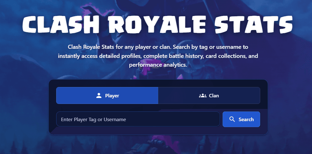RoyaleTracker homepage search bar for looking up any Clash Royale player or clan by tag or username