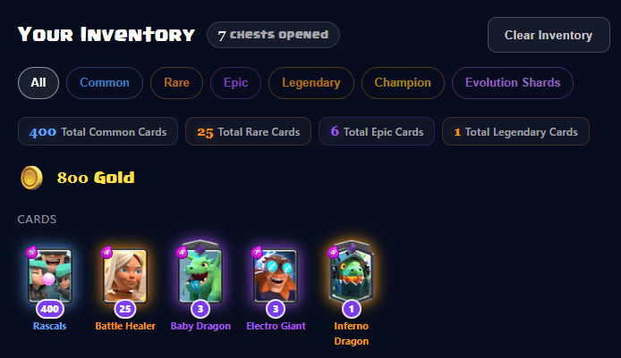Chest Simulator inventory after opening 7 chests, showing total cards earned per rarity, gold collected and the cards received