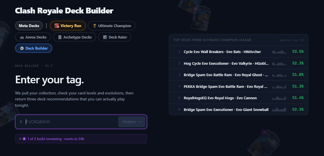 RoyaleTracker AI Deck Builder with a player tag input field and the top decks from the current meta