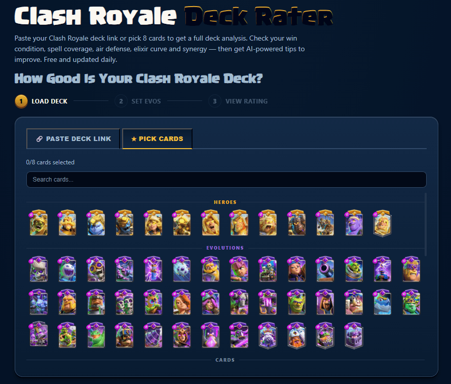 RoyaleTracker Deck Rater interface with the load deck and pick cards options and the full card grid