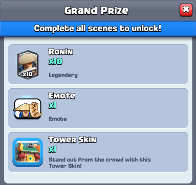 Wandering Warrior completion reward list in Clash Royale: 10 Legendary Ronin Cards, 1 Emote, 1 Tower Skin
