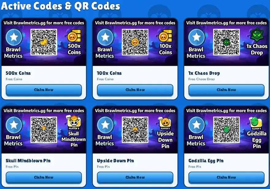 The BrawlMetrics active codes page, a grid of scannable Brawl Stars QR codes for coins, pins and a Chaos Drop