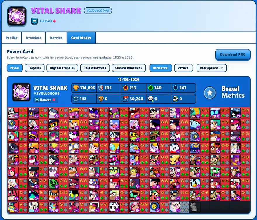 The BrawlMetrics card maker building a Power Card, every owned brawler with its power level, star powers and gadgets, ready to download as a PNG