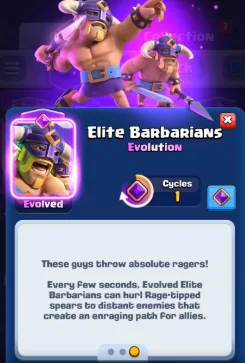 The in-game Evolved Elite Barbarians card panel, showing 1 Evolution Cycle and the Rage-tipped spears description