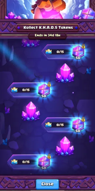 The Kollect K.H.A.O.S. Tokens screen, showing milestones that each award 50 tokens for 15 crowns