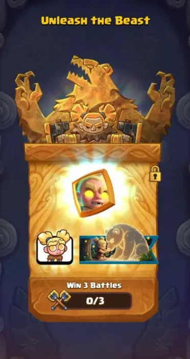 The Unleash the Beast unlock panel in Clash Royale, showing Hero Berserker locked behind a Win 3 Battles 0 of 3 counter