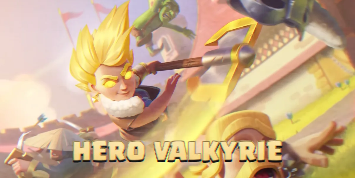 Hero Valkyrie announcement splash art, showing her mid-spin with her axe