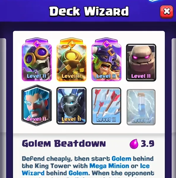 Deck Wizard screen in Clash Royale