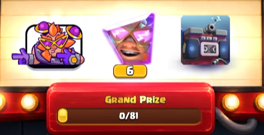 Horror Movies album Grand Prize rewards in Clash Royale, including 6 Evolution Electro Giant shards
