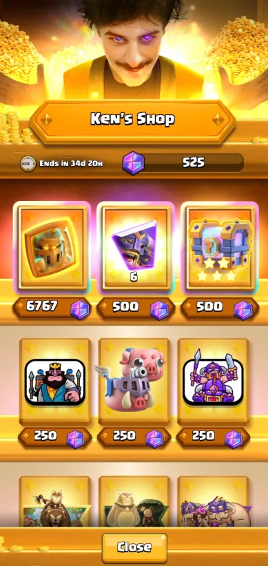 Hero Mega Knight displayed in Ken's Shop at 6767 Ken currency, above shop items priced 500 and 250